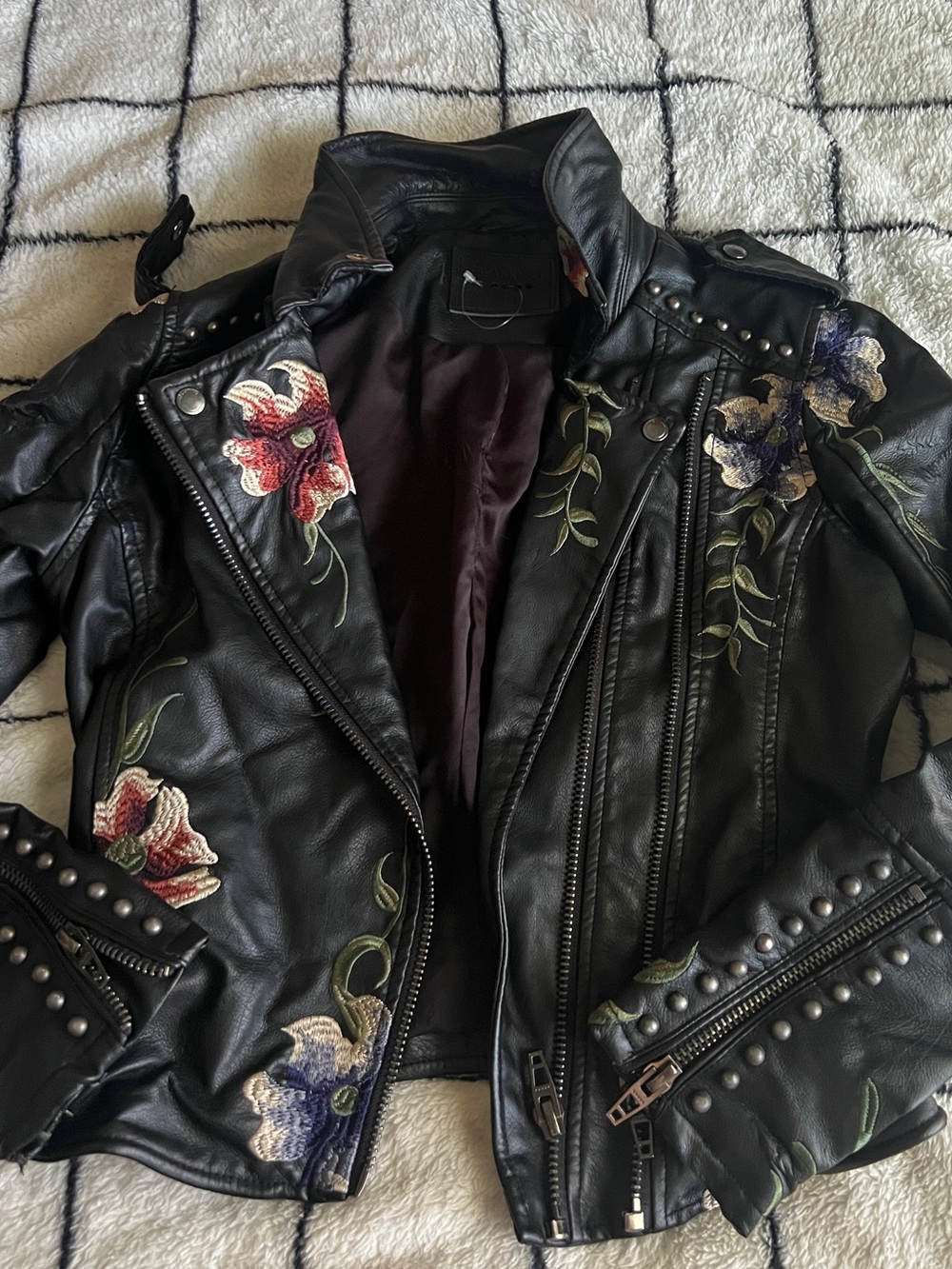 Black Floral Embroidered Faux Leather Moto Jacket - Women